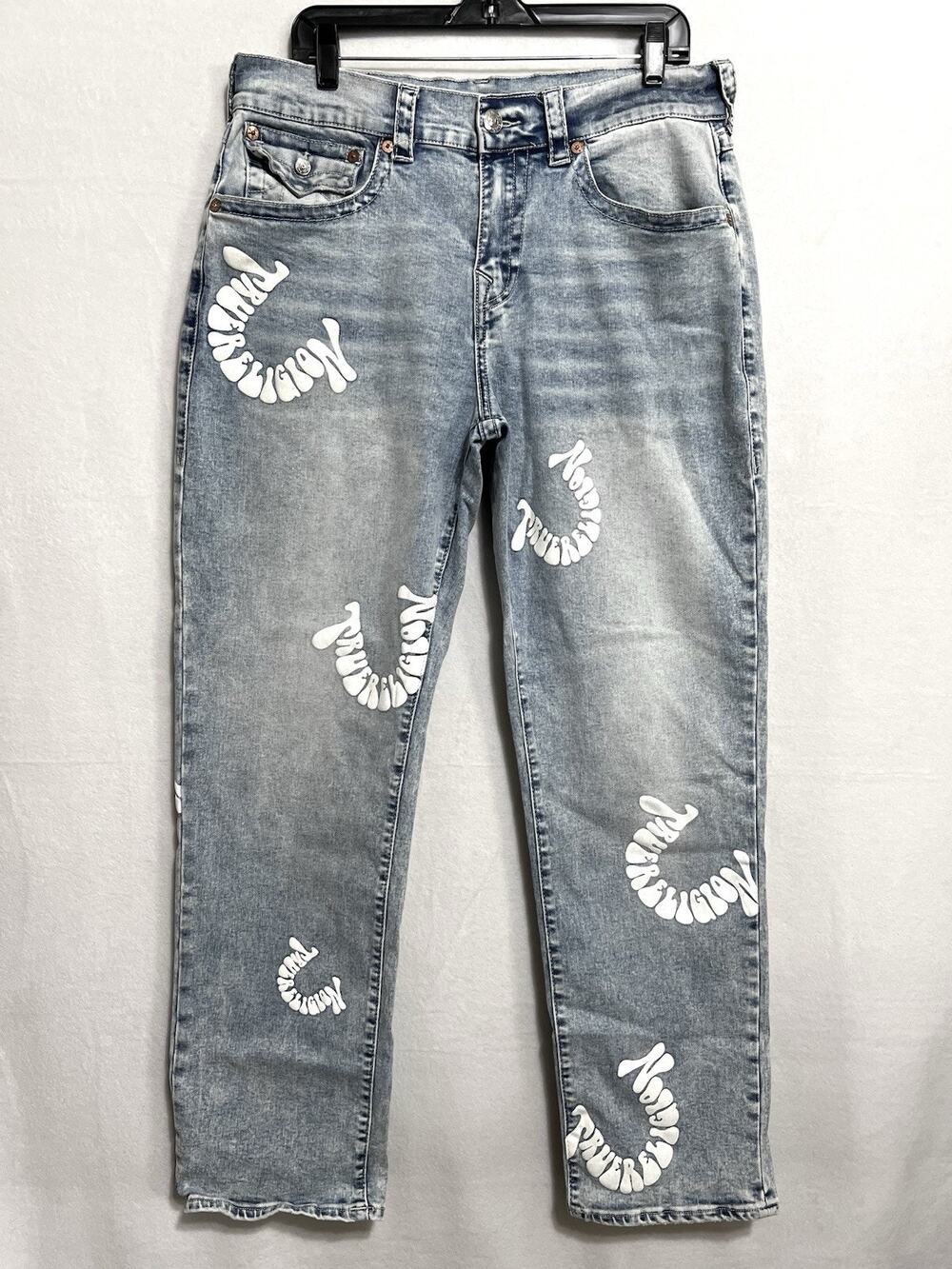 True Religion Bobby Baggy Jeans Size 31 Light Wash White Warped Puff Print Men's